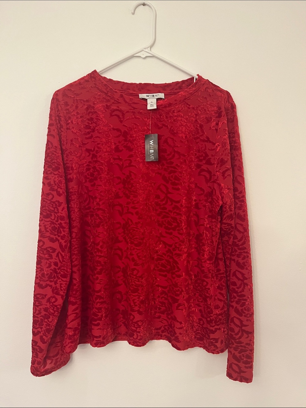 White House Black Market Red Burnout Velvet Long Sleeve Tee